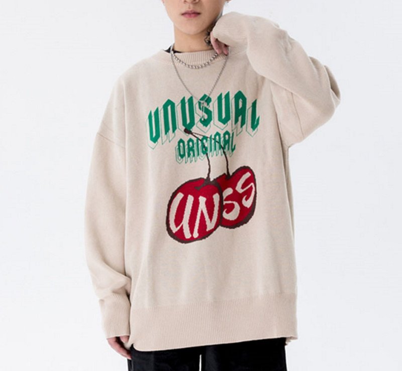 画像2: cherry blossom alphabet jacquard sweater loose  knit sweater unisex  オーバーサイズ ユニセックス 男女兼用チェリーブロッサム&アルファベットジャガードニットセーター プルオーバー (2)