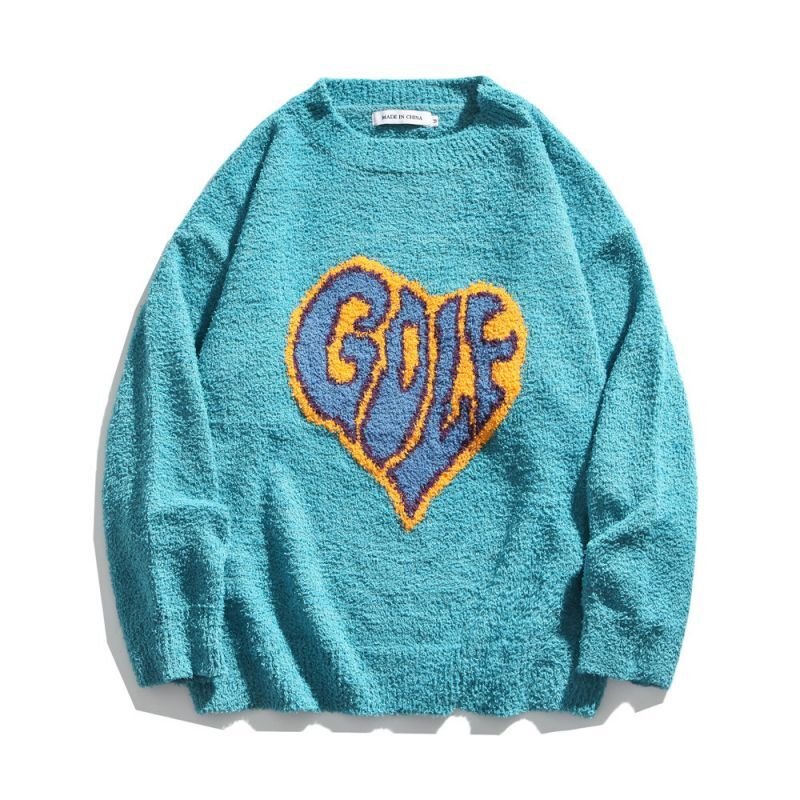 画像2: soft warmth golf logo loose  knit sweater unisex  オーバーサイズ ユニセックス 男女兼用GOLFハートロゴ編み込みニットセーター プルオーバー (2)