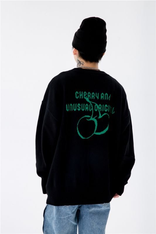 画像5: cherry blossom alphabet jacquard sweater loose  knit sweater unisex  オーバーサイズ ユニセックス 男女兼用チェリーブロッサム&アルファベットジャガードニットセーター プルオーバー (5)