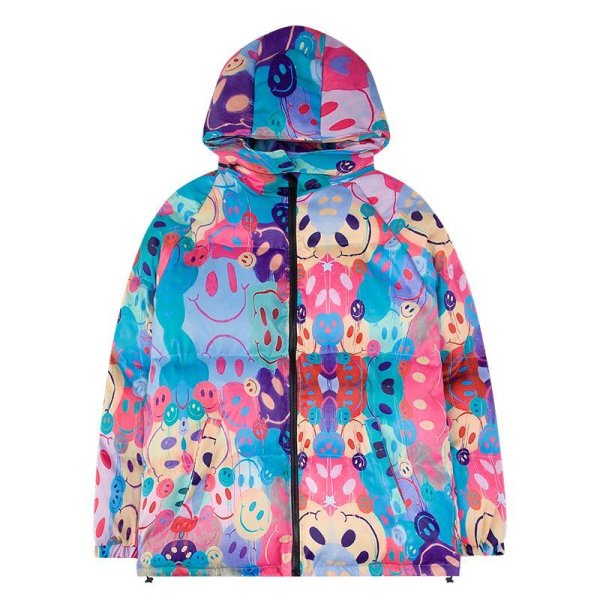 画像1:  Unisex  new trend hip-hop Smile graffiti padded down jacket Hoodie　 ユニセックス 男女兼用スマイルグラフィックプリントダウンフーディーパーカー (1)