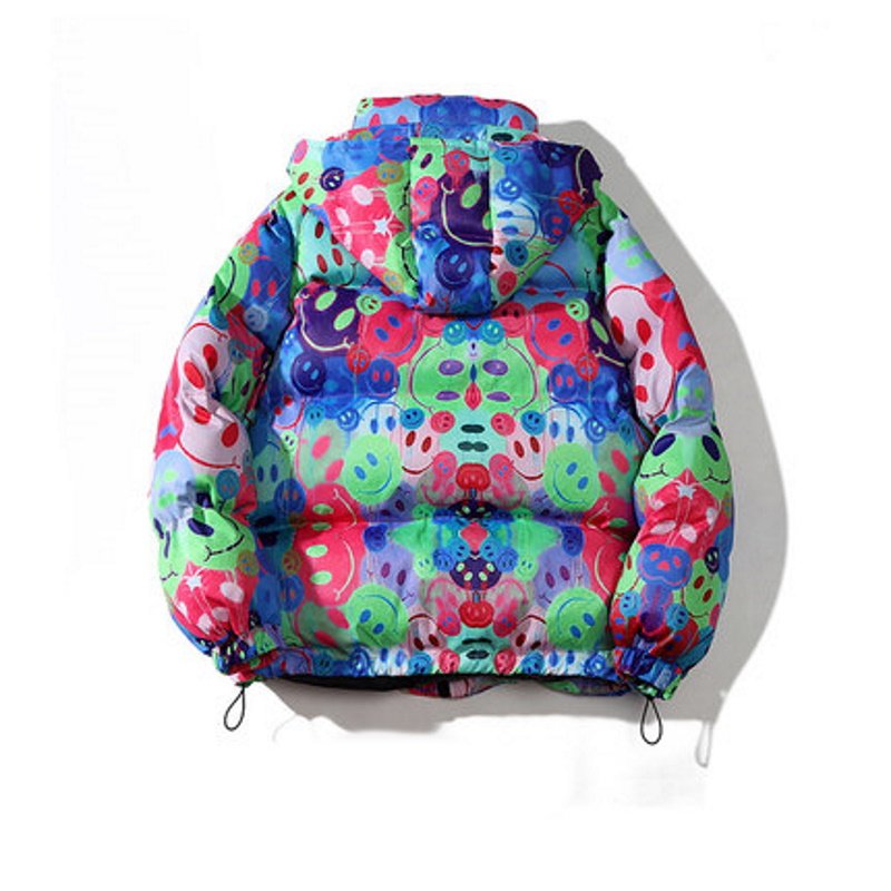 画像5:  Unisex  new trend hip-hop Smile graffiti padded down jacket Hoodie　 ユニセックス 男女兼用スマイルグラフィックプリントダウンフーディーパーカー (5)