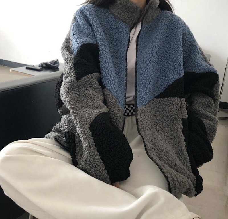 画像3: men and women color matching loose thick pocket Lamb Wool jacket  ユニセックス 男女兼用オーバーサイズラムウールフリースジャケット ブルゾン (3)