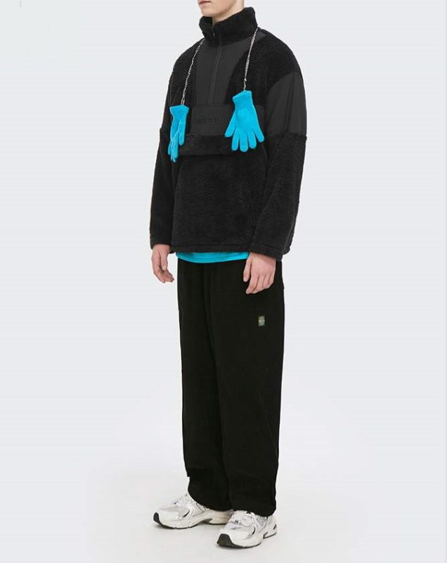 画像2: men and women street embroidery contrast color loose lamb hair zipper stand-up collarLamb Wool jacket  ユニセックス 男女兼用オーバーサイズラムウールコントラストカラーフリースジップアップ ジャケット ブルゾン (2)