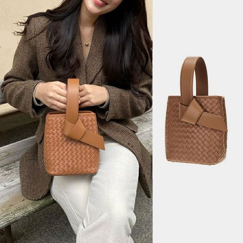 画像10: Woman’s  woven lace-up portable bucket bag レザーメッシュポータブルバケットバッグトートバッグ (10)