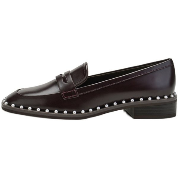 画像1: women's pearl low-heel loafers pump Shoes    フラットレザーパールローヒール ローファー パンプス   シューズ  (1)