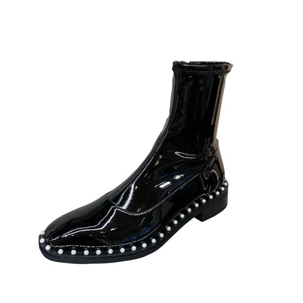 画像1:  women's patent leather Chelsea boots Martin boots 　パテントレザー＆スウェード パールデコレーション スクエアトゥマーティンブーツ　 (1)