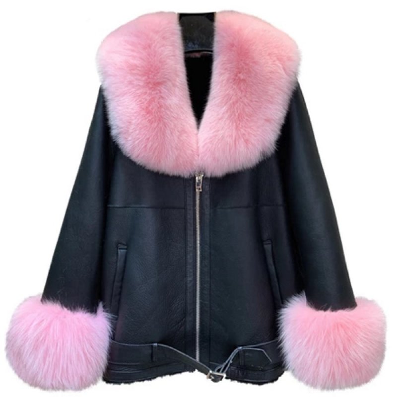 ピンク レザーとファー ダブルブレストジャケット ライダースジャケット レディース レザージャケット 秋服 PU