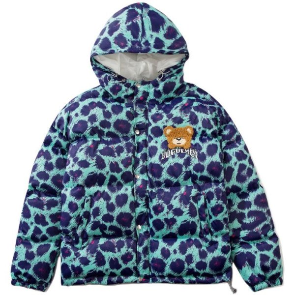 画像1: men and women leopard print bear jacket down jacket  ユニセックス 男女兼用ヒョウ柄レオパード＆ベア クマ ダウンコートジャケット ブルゾンスタジャン (1)