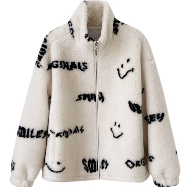 画像1: Women's  Smiley stand-up collar lamb fur coat スマイリー スマイルスタンドアップカラー シャーリングジャケット コート  (1)