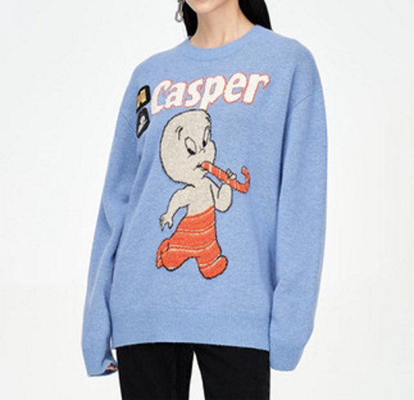 画像1: Casper joint blue knitted jacquard pullover  キャスパー アニメ編み込みセーター　プルオーバーセーター (1)