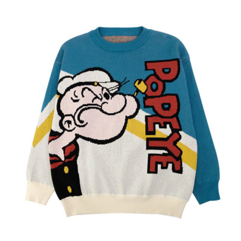 画像1: Popeye vintage print pullover Loose Sweater  ポパイ ヴィンテージ風 ルーズ  セーター 男女兼用　ユニセックス (1)