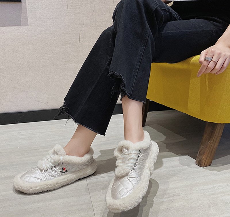 画像3: Women's plus velvet peas flat shoes Sneakers    ファーキルティング レースアップフラットスニーカー パンプス (3)