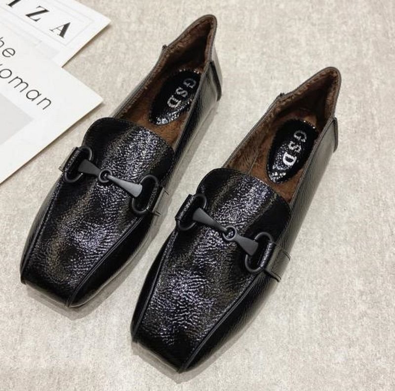 画像3: women's  flat-bottomed square toe pumps shoes フラットボトムスクエアトゥパテントレザーパンプス ローファー (3)