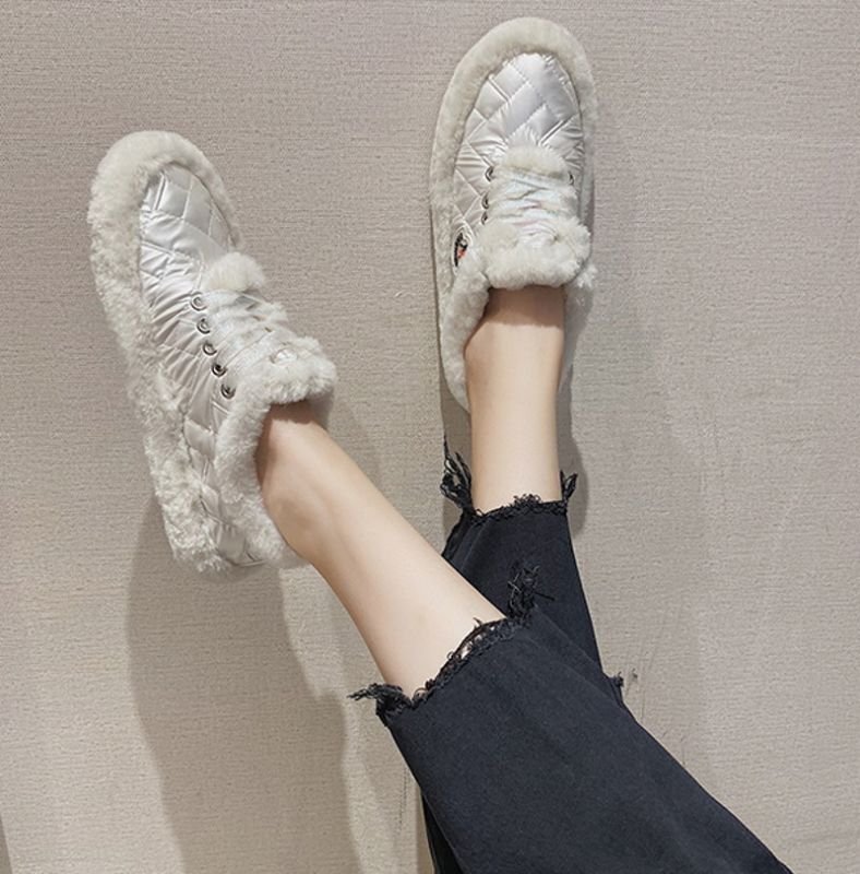 画像5: Women's plus velvet peas flat shoes Sneakers    ファーキルティング レースアップフラットスニーカー パンプス (5)