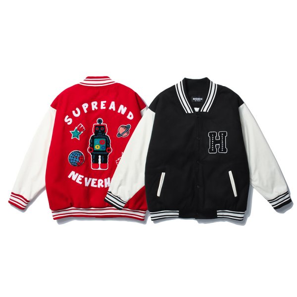 画像1:  street style baseball uniform jacket  men and women Stadium jumper woolen jacket ユニセックス 男女兼用ロボット刺繍スタジアムジャンパー  ジャケット  ブルゾン スタジャン ヒップホップ (1)