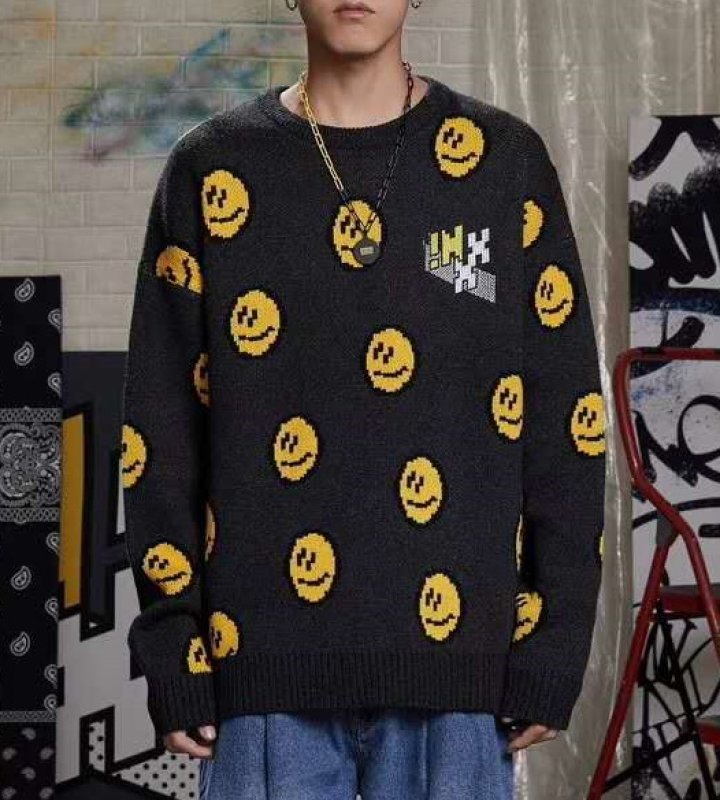 画像4: smiley face Braided print pullover Loose Sweater  スマイル編み込み ルーズ  セーター 男女兼用 ユニセックス (4)