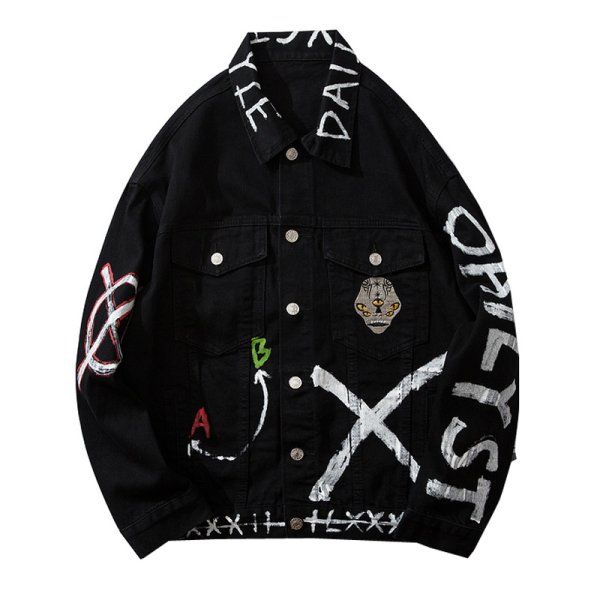 画像1: letter graffiti printing black denim jacket  men and women 　ユニセックス 男女兼用 レターグラフィティプリントブラックデニムジャケット Gジャン (1)