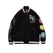 画像1: PU leather stitching Smile emblem  jacket baseball  men and women Stadium jumper  ユニセックス 男女兼用スマイル レター刺繍付きユニフォームスタジアムジャンパー ジャケット ブルゾン スタジャン (1)