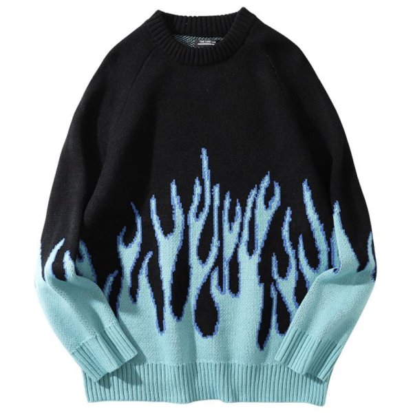 画像1: Slow Burn Flame jaquard jumper Sweater ファイヤーフレーム 炎 ジャガードセーター (1)