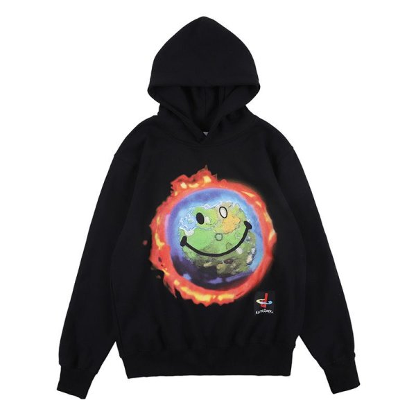 画像1: Unisex Smiley Earth Trend Loose Hoody Sweatshirts　スマイリーアースフーディーパーカー 男女兼用 ユニセックス (1)