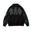 画像4: Leather logo stitching oversize jacket baseball  Stadium jumper  men and women 　ユニセックス 男女兼用レザーロゴ刺繍ユニフォームスタジアムジャンパー ジャケット ブルゾン スタジャン (4)