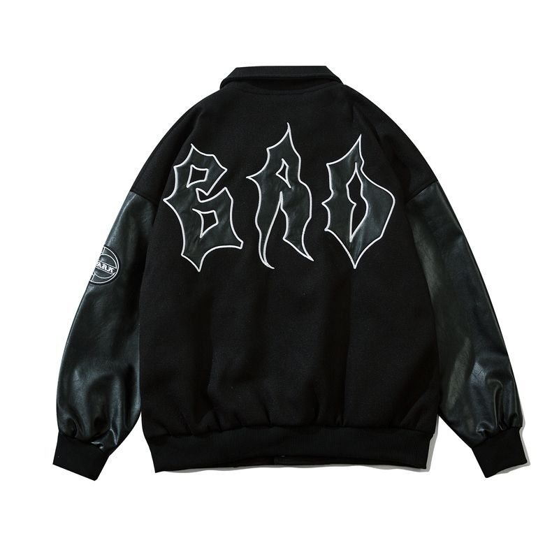 画像4: Leather logo stitching oversize jacket baseball  Stadium jumper  men and women  ユニセックス 男女兼用レザーロゴ刺繍ユニフォームスタジアムジャンパー ジャケット ブルゾン スタジャン (4)