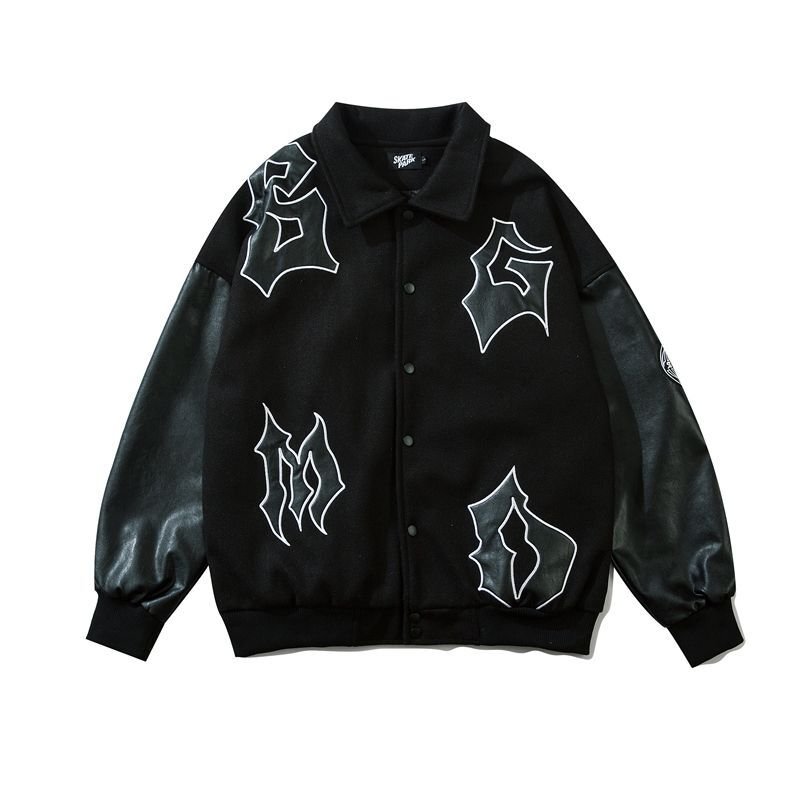 画像2: Leather logo stitching oversize jacket baseball  Stadium jumper  men and women  ユニセックス 男女兼用レザーロゴ刺繍ユニフォームスタジアムジャンパー ジャケット ブルゾン スタジャン (2)