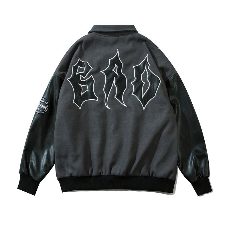 画像5: Leather logo stitching oversize jacket baseball  Stadium jumper  men and women  ユニセックス 男女兼用レザーロゴ刺繍ユニフォームスタジアムジャンパー ジャケット ブルゾン スタジャン (5)
