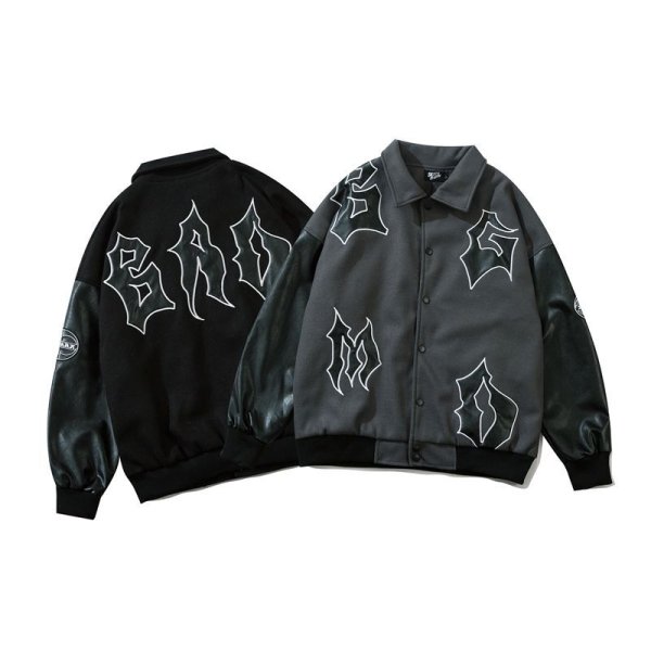 画像1: Leather logo stitching oversize jacket baseball  Stadium jumper  men and women 　ユニセックス 男女兼用レザーロゴ刺繍ユニフォームスタジアムジャンパー ジャケット ブルゾン スタジャン (1)