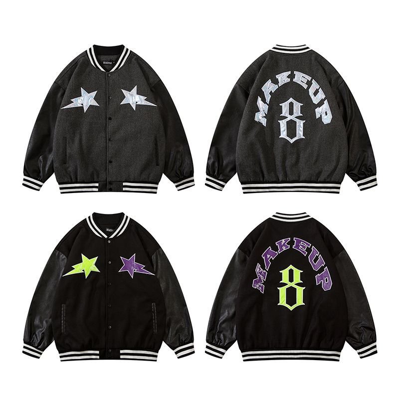画像5: leather stitching makeup Back logo jacket baseball  Stadium jumper  men and women  ユニセックス 男女兼用レザーレター刺繍付きユニフォームスタジアムジャンパー ジャケット ブルゾン スタジャン (5)