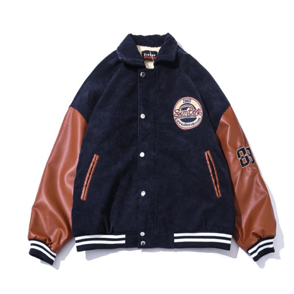 画像1: Unisexs PU leather stitching corduroy jacket baseball uniform jacket American baseballjumper  ユニセックス 男女兼用 レザーステッチコーデュロイスタジアムジャンバーユニフォーム ジャケット ブルゾン スタジャン (1)