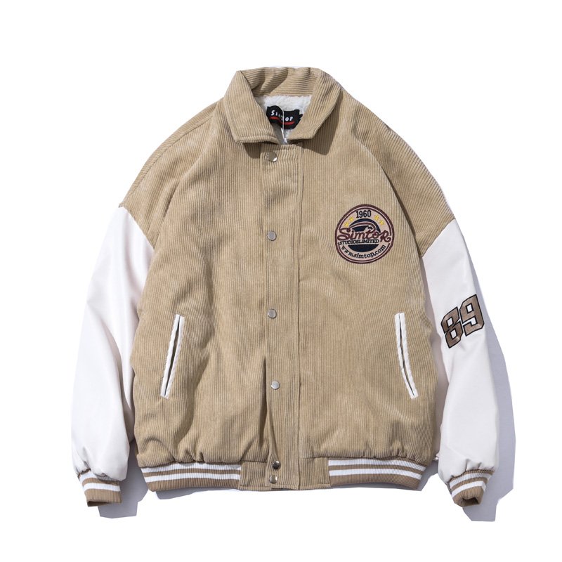 画像2: Unisexs PU leather stitching corduroy jacket baseball uniform jacket American baseballjumper  ユニセックス 男女兼用 レザーステッチコーデュロイスタジアムジャンバーユニフォーム ジャケット ブルゾン スタジャン (2)