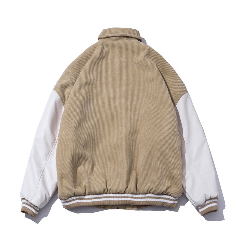 画像4: Unisexs PU leather stitching corduroy jacket baseball uniform jacket American baseballjumper  ユニセックス 男女兼用 レザーステッチコーデュロイスタジアムジャンバーユニフォーム ジャケット ブルゾン スタジャン (4)