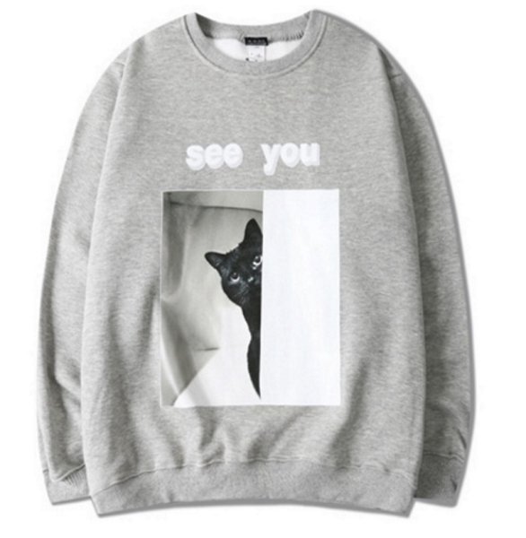 画像1: Unisex cat & see you letter print Sweat sweater Pullover sweatshirt  男女兼用キャット猫&see youレタープリント スウェットセーター トレーナー (1)