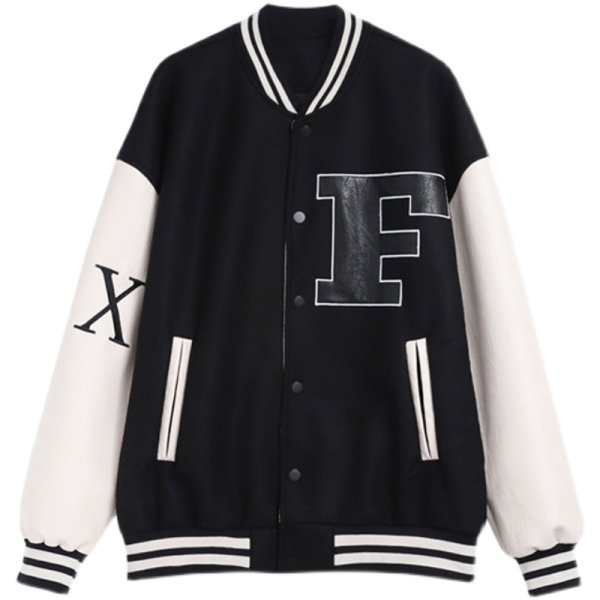 画像1: F3ML 21SS stitching PU leather baseball uniform jacket men and women　ユニセックス 男女兼用レザーエンブレムスタジアムジャンバー ジャケット ブルゾン スタジャン (1)