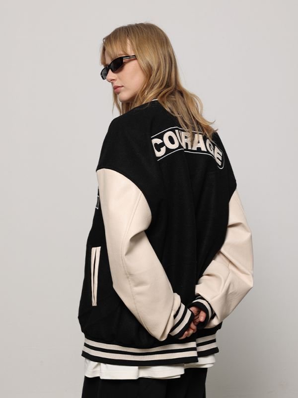 画像5: F3ML 21SS stitching PU leather baseball uniform jacket men and women　ユニセックス 男女兼用レザーエンブレムスタジアムジャンバー ジャケット ブルゾン スタジャン (5)