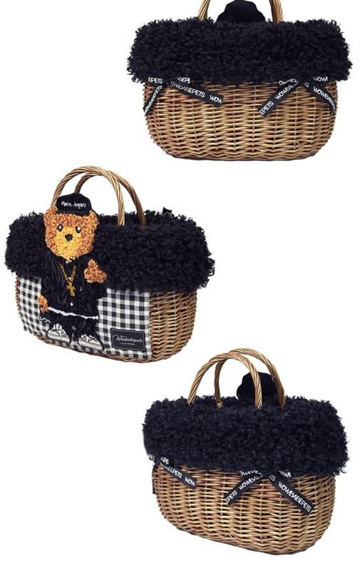 画像5: furry bear woven shopping basketTote  Bag  ファー付きテディベアかご籠トートバック (5)