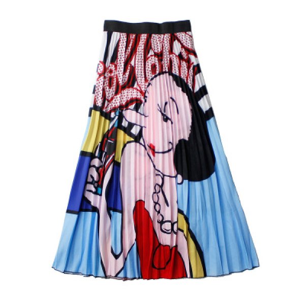 画像1: Women's Popeye Olive Oyl comic cartoon printed pleated skirt ポパイ オリーブ  オイル グラフィックペイント ロング丈 膝丈 プリーツ スカート (1)