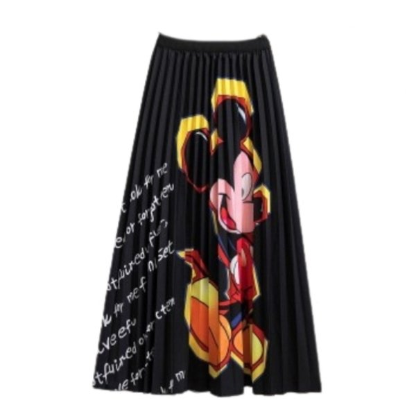 画像1: New Women's Mickey Black comic cartoon printed pleated skirt ミッキー グラフィックペイント ロング丈 膝丈プリーツスカート (1)