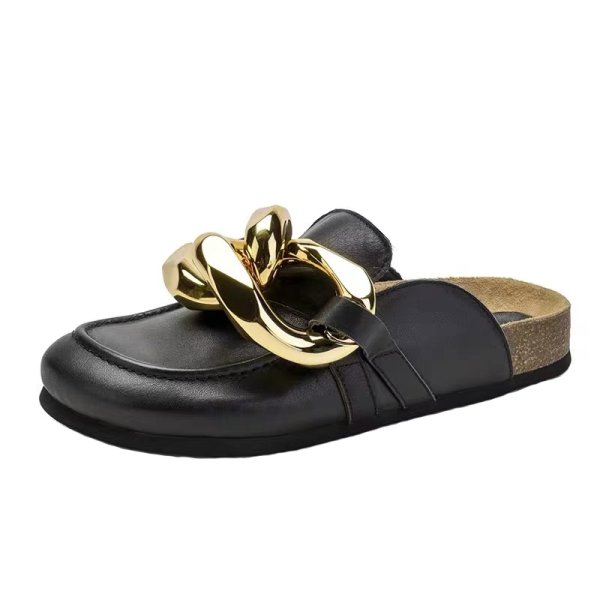 画像1: Women Genuine leather  chain flat slippers  flat sandals  フラットチェーンシューティングハーフサンダル スリッパ (1)
