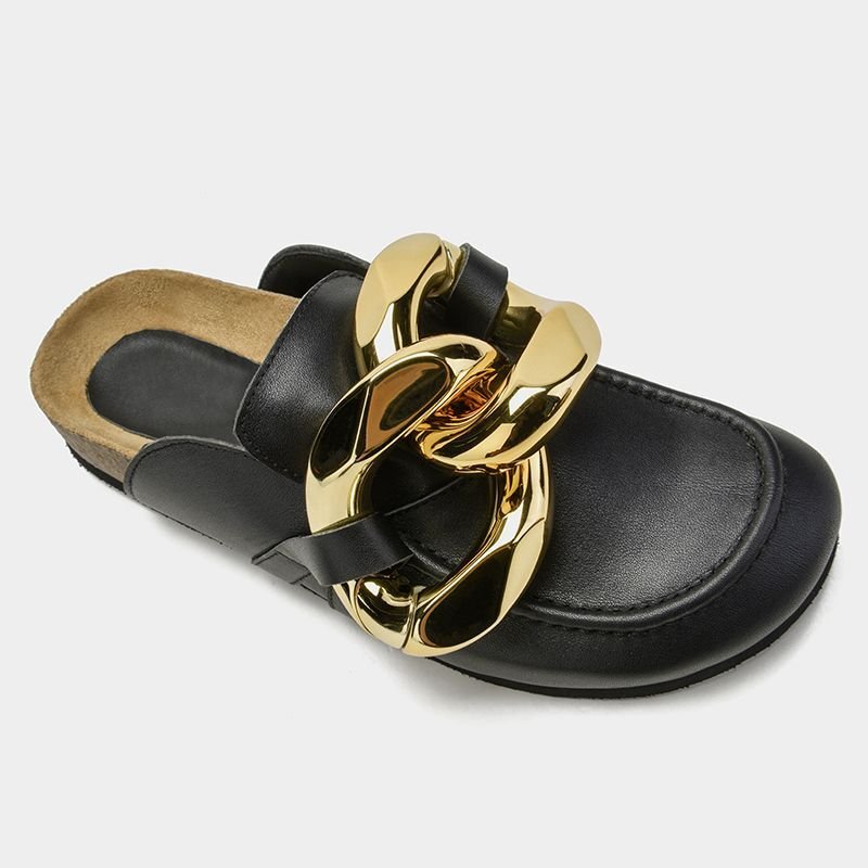 画像9: Women Genuine leather  chain flat slippers  flat sandals  フラットチェーンシューティングハーフサンダル スリッパ (9)