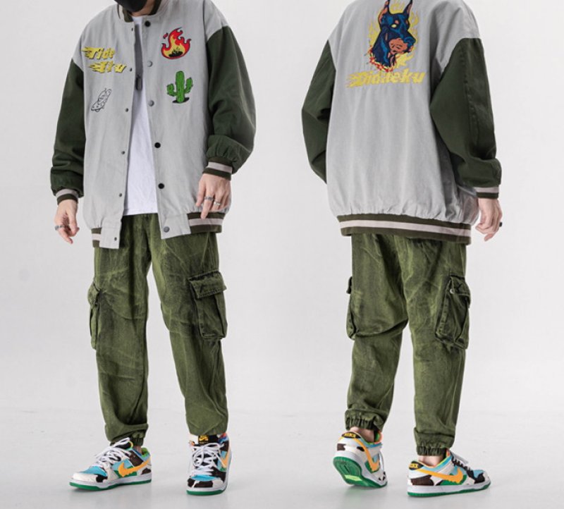 画像12: men and women ins hit color baseball uniform loose jacket blouson  ユニセックス 男女兼用サボテン＆ドッグ刺繍  スタジアムジャンパー スタジャン MA-1 ボンバー ジャケット ブルゾン (12)