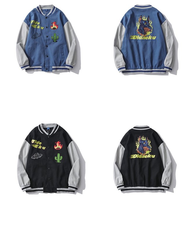 画像9: men and women ins hit color baseball uniform loose jacket blouson  ユニセックス 男女兼用サボテン＆ドッグ刺繍  スタジアムジャンパー スタジャン MA-1 ボンバー ジャケット ブルゾン (9)