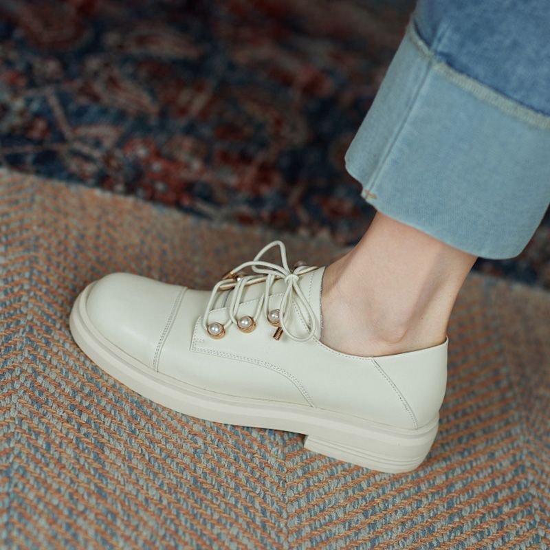 画像3:  leather British Lace-up flat oxford shoes with pearls  本革レザーパール付きフラットレースアップオックスフォードシューズ  (3)