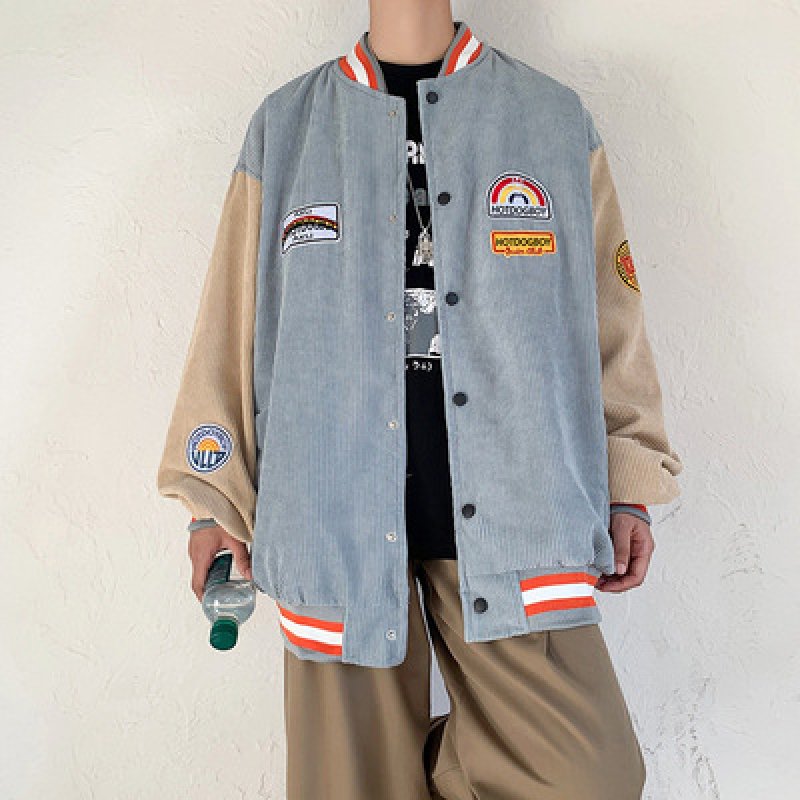 画像6: men and women corduroy loose baseball uniform  blouson  ユニセックス 男女兼用コーデュロイエンブレム付き スタジアムジャンパー  スタジャン MA-1 ボンバー ジャケット ブルゾン (6)
