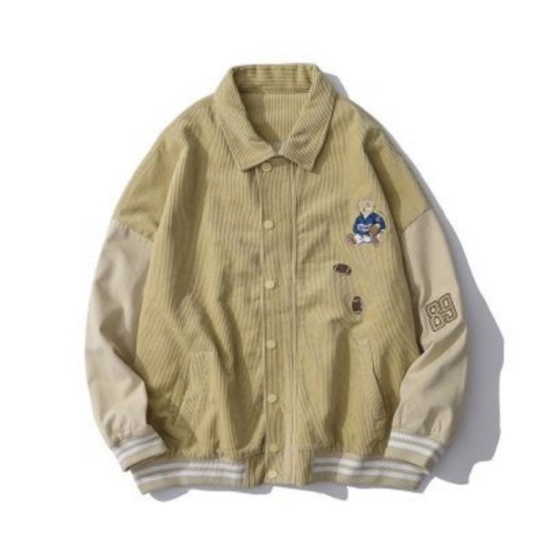 画像1: men and women corduroy loose Rugby bear embroidery baseball uniform  blouson  ユニセックス 男女兼用コーデュロイ ラグビーベア刺繍付き スタジアムジャンパー  スタジャン MA-1 ボンバー ジャケット ブルゾン (1)