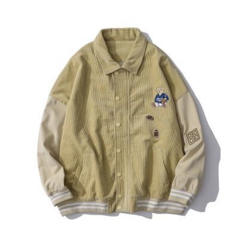 画像1: men and women corduroy loose Rugby bear embroidery baseball uniform  blouson  ユニセックス 男女兼用コーデュロイ ラグビーベア刺繍付き スタジアムジャンパー  スタジャン MA-1 ボンバー ジャケット ブルゾン (1)