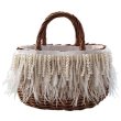 画像1: Woman’s pearl tassel ostrich fur straw woven bag portable rattan bagtote bag 　パールタッセル＆オーストリッチファーストローウーブンバッグ 籠 かごバケットバック (1)