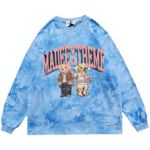 画像1: Unisex  tie-dye bear print crew neck Long sleeve t-shirt sweater　男女兼用 クマ ベア プリントタイダイ絞り染めロングスリーブTシャツ (1)