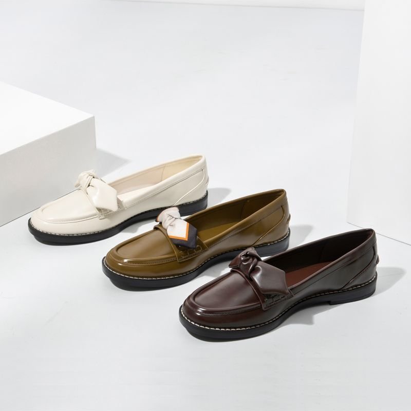 画像8:  leather bow low-heel flat pumps shoes  レザーリボン ボウ付きフラットローファー パンプス  (8)